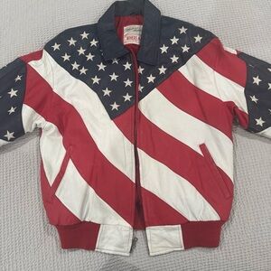Vtg Michael Hoban WHEREMI All OVER PR Jacket S American Flag Leather Bomber 90's